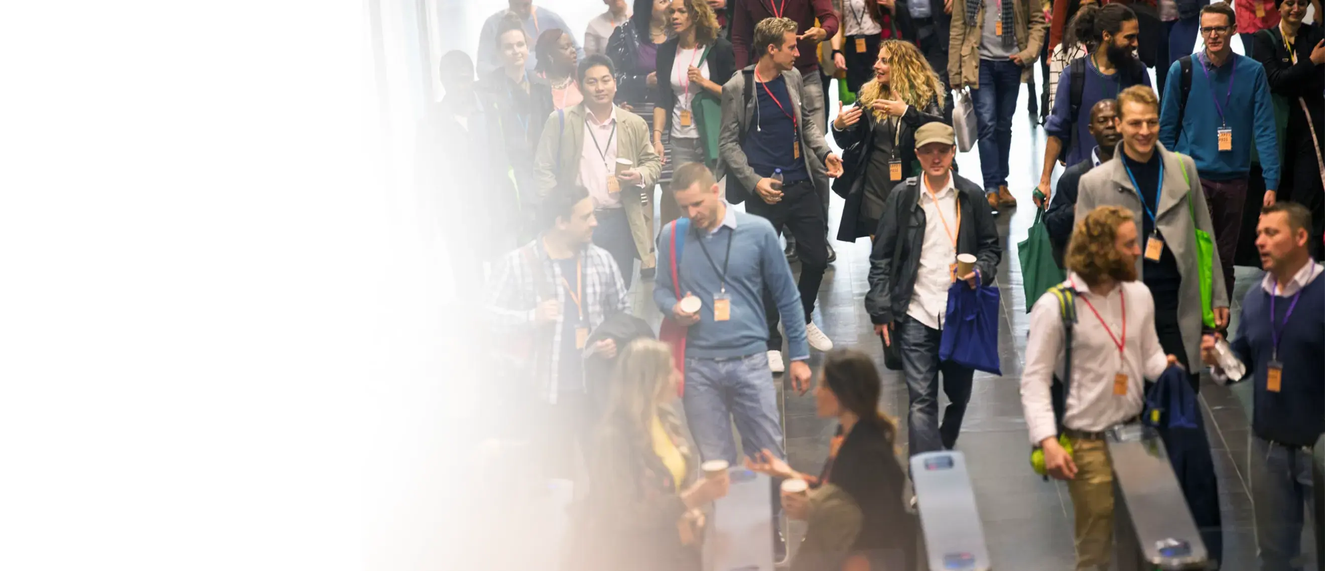 Busy conference hall with people walking and talking